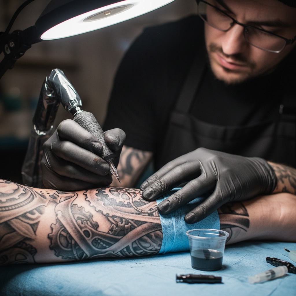 A tattoo artist wearing black gloves uses a tattoo machine to ink a mechanical gear design onto a client's arm under a bright lamp.