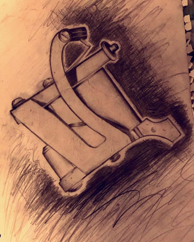 Detailed pencil sketch of a vintage printing press with shading to enhance depth and texture.