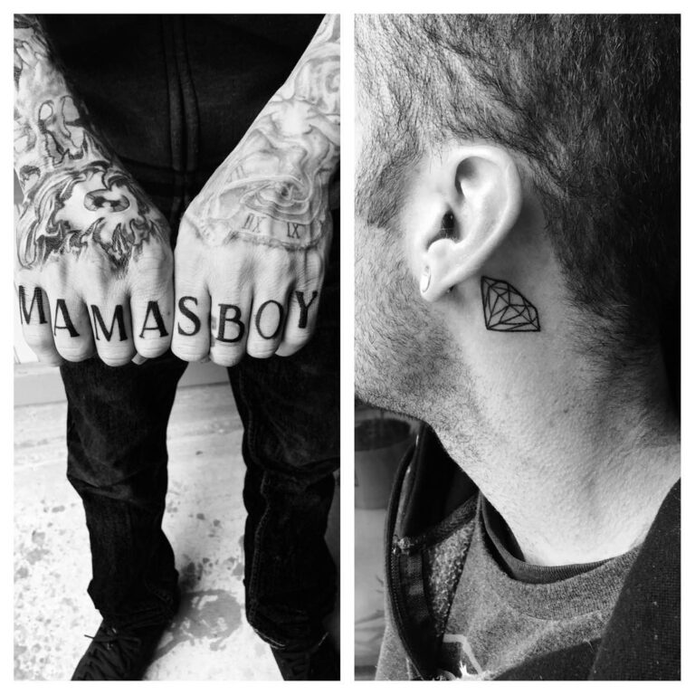 Hands with "MAMASBOY" tattoos and a side profile showing a diamond tattoo behind the ear in black and white.