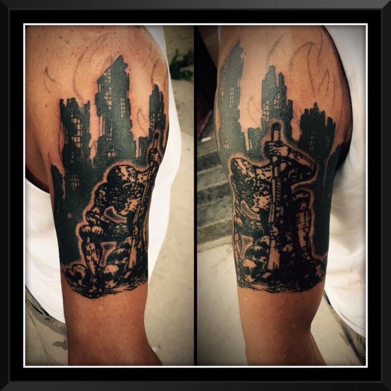 A detailed tattoo featuring a firefighter amidst a cityscape, symbolizing bravery and resilience.