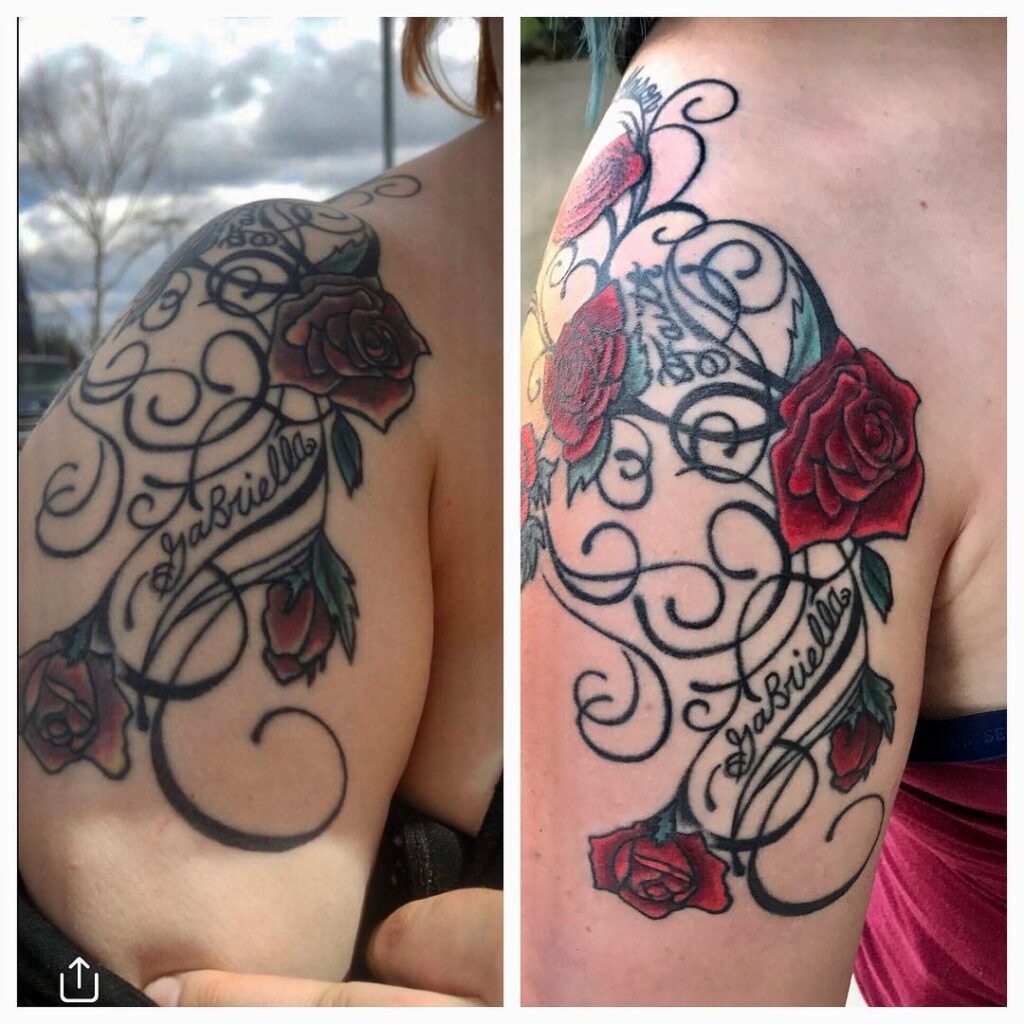 Two close-up views of a colorful floral tattoo featuring red roses and the name "Gabriella" in elegant script.