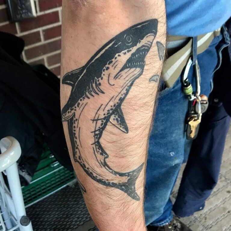 A detailed black and gray tattoo of a shark on a person's forearm, showcasing intricate line work and shading.