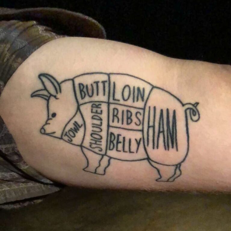 Tattoo depicting a pig with labeled cuts of meat: jowl, shoulder, butt, loin, ribs, belly, and ham.