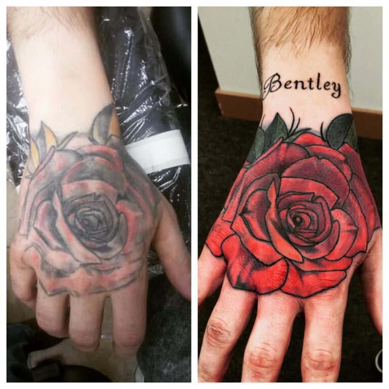 Before-and-after comparison of a hand tattoo featuring a rose, showcasing the transformation from grayscale to vibrant color.