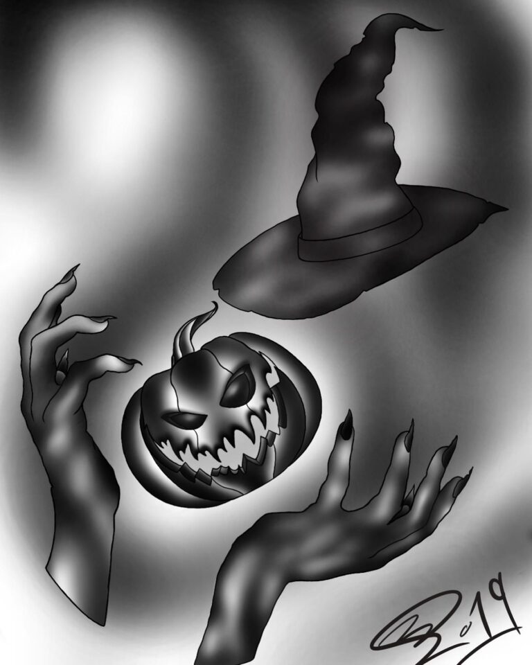 A spooky black and white illustration featuring a witch's hat and a menacing jack-o'-lantern held by eerie hands.
