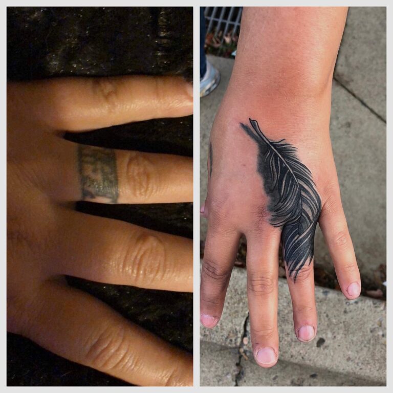 Two hands side by side, one with a faded tattoo and the other featuring a detailed black feather tattoo.