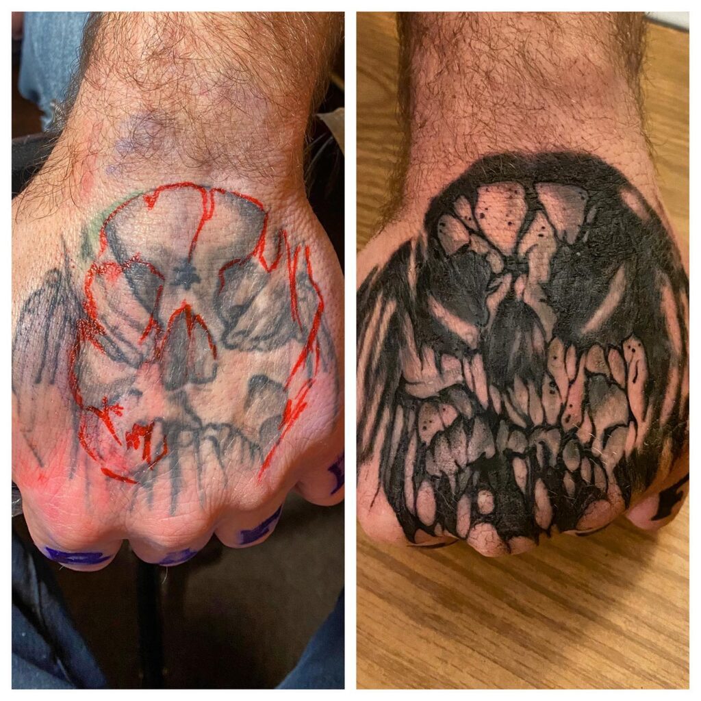 Two hands displaying contrasting skull tattoos, one in red and gray, the other in detailed black ink.