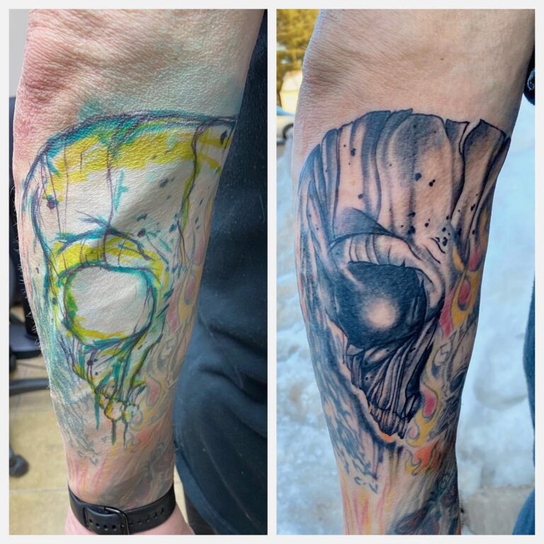 Two forearms displaying contrasting tattoos: one colorful abstract design and the other a detailed skull illustration.