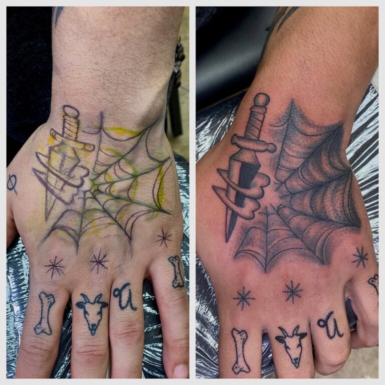 Before and after images of a hand tattoo featuring a dagger and spider web, showcasing the design's transformation.