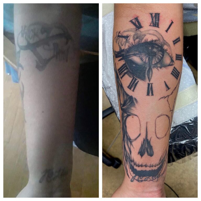 Before and after images of a tattoo cover-up, showcasing a transition from a faded design to a detailed skull and clock tattoo.