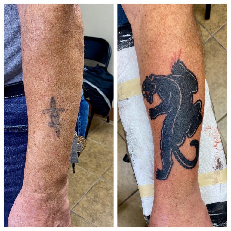 Before and after images of a tattoo removal, showing a faded star tattoo and a newly inked black panther design.