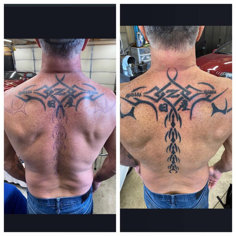 Tattoo transformation showcasing intricate designs and names on a man's back, highlighting artistic detail and personal significance.