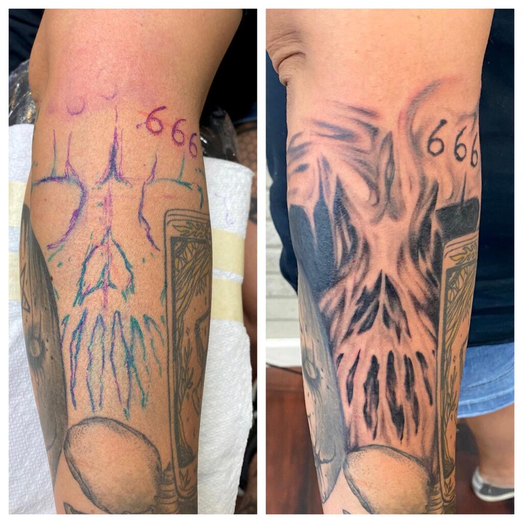 Tattoo progress showing initial sketch with "666" and completed design featuring intricate dark artwork on the forearm.