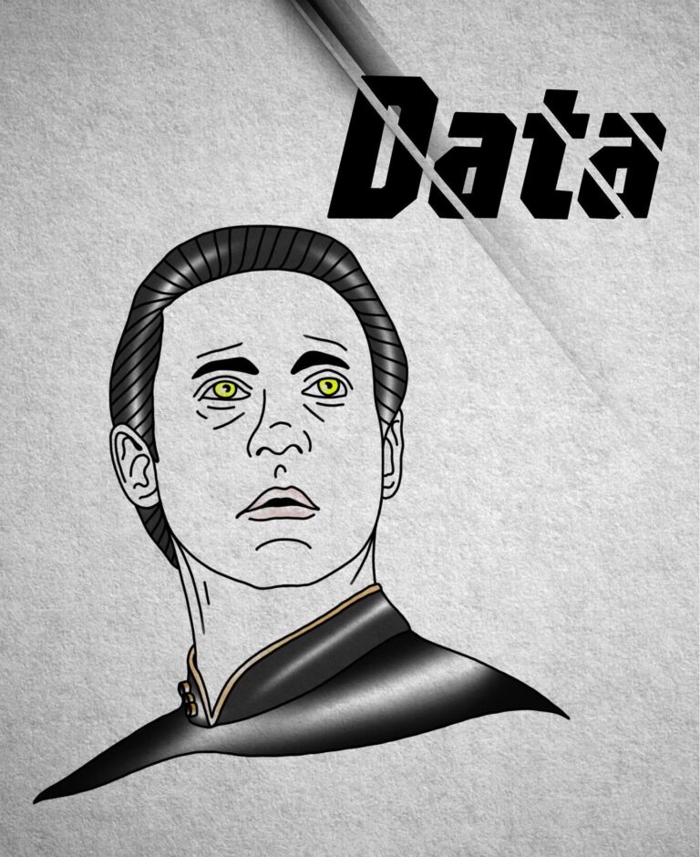 Illustration of a character named Data with yellow eyes, wearing a black uniform, showcasing a thoughtful expression.