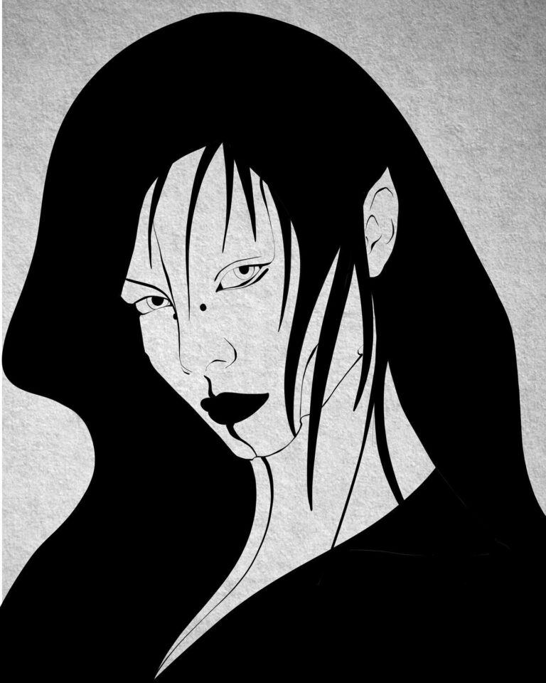 A stylized black and white illustration of a woman with long hair and a striking expression.