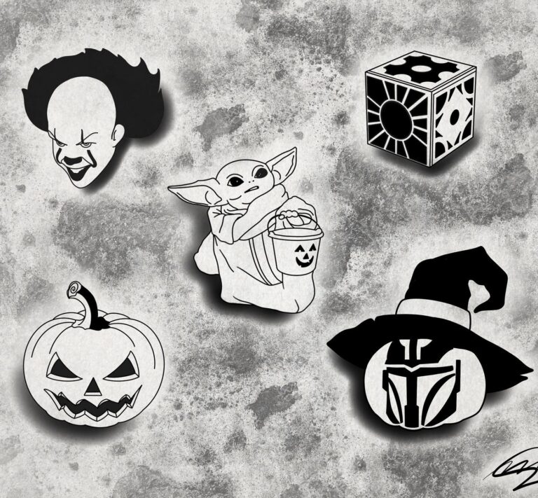 Halloween-themed artwork featuring iconic characters and symbols like a pumpkin, a ghostly figure, and a mysterious box.