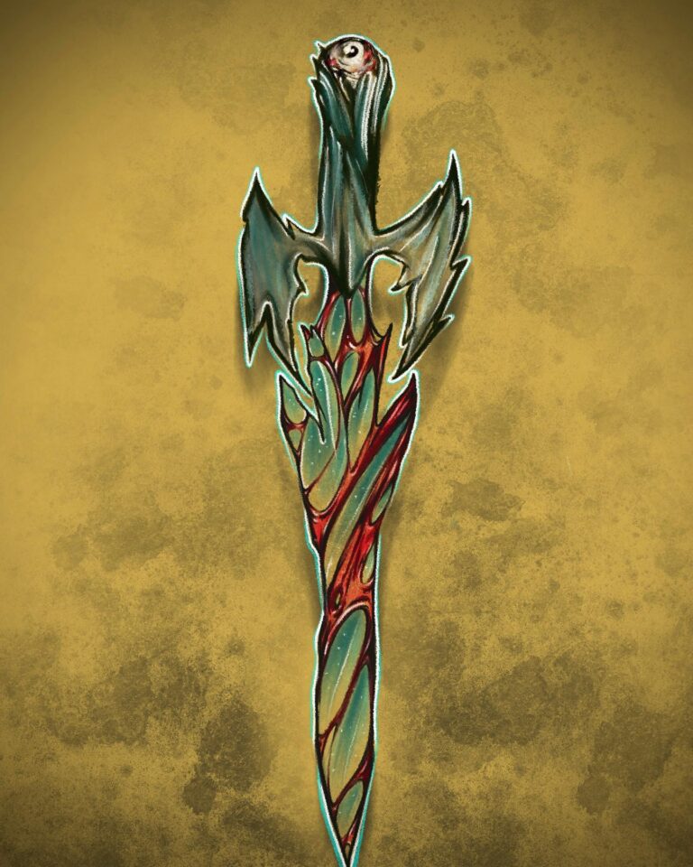 A fantastical sword design featuring a twisted blade with organic elements and a creature's eye at the hilt against a gold background.