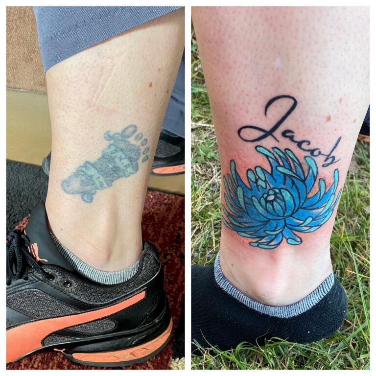 Two ankle tattoos: a faded paw print on the left and a vibrant blue flower with the name "Jacob" on the right.