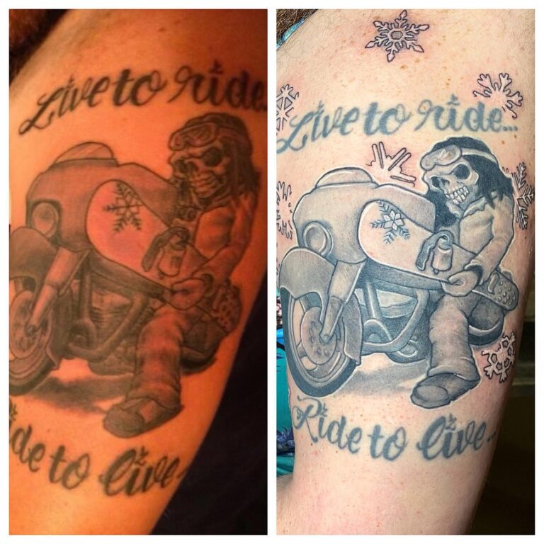 Two tattoos featuring a skeleton biker with the phrase "Live to ride, ride to live," showcasing different styles.