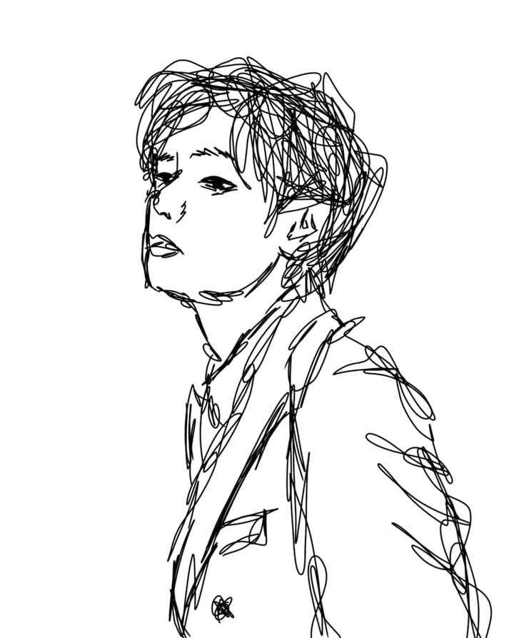 A minimalist line drawing of a person with tousled hair, wearing a suit, gazing confidently to the side.