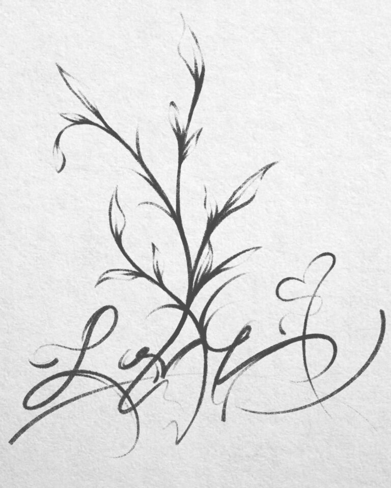 Elegant black ink calligraphy of the word "Love" intertwined with delicate floral elements on textured paper.