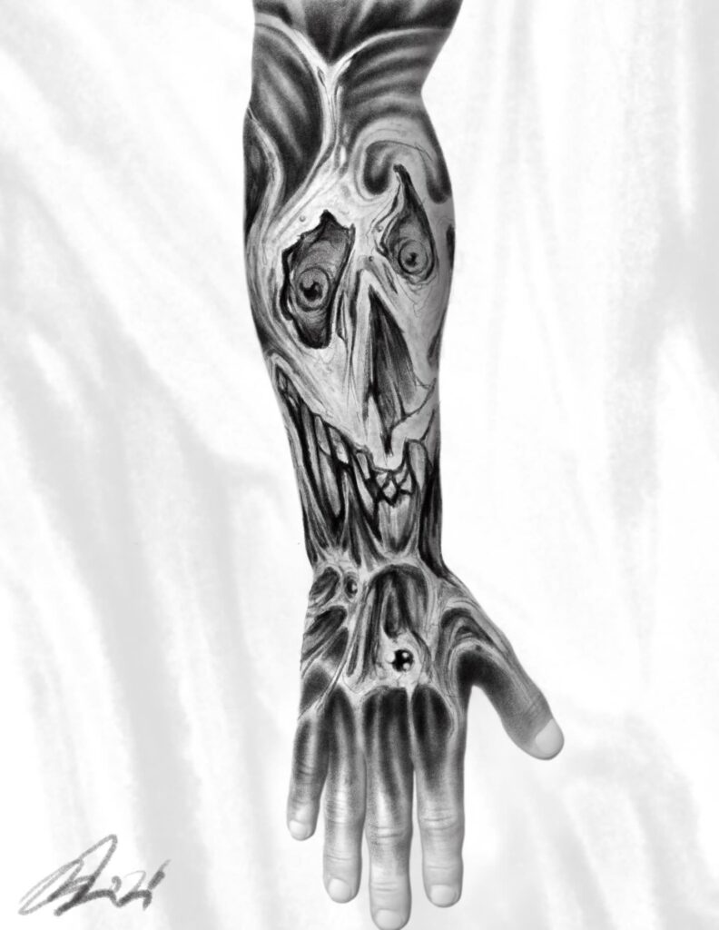 A detailed black and white tattoo design featuring a skull and abstract patterns on a forearm.