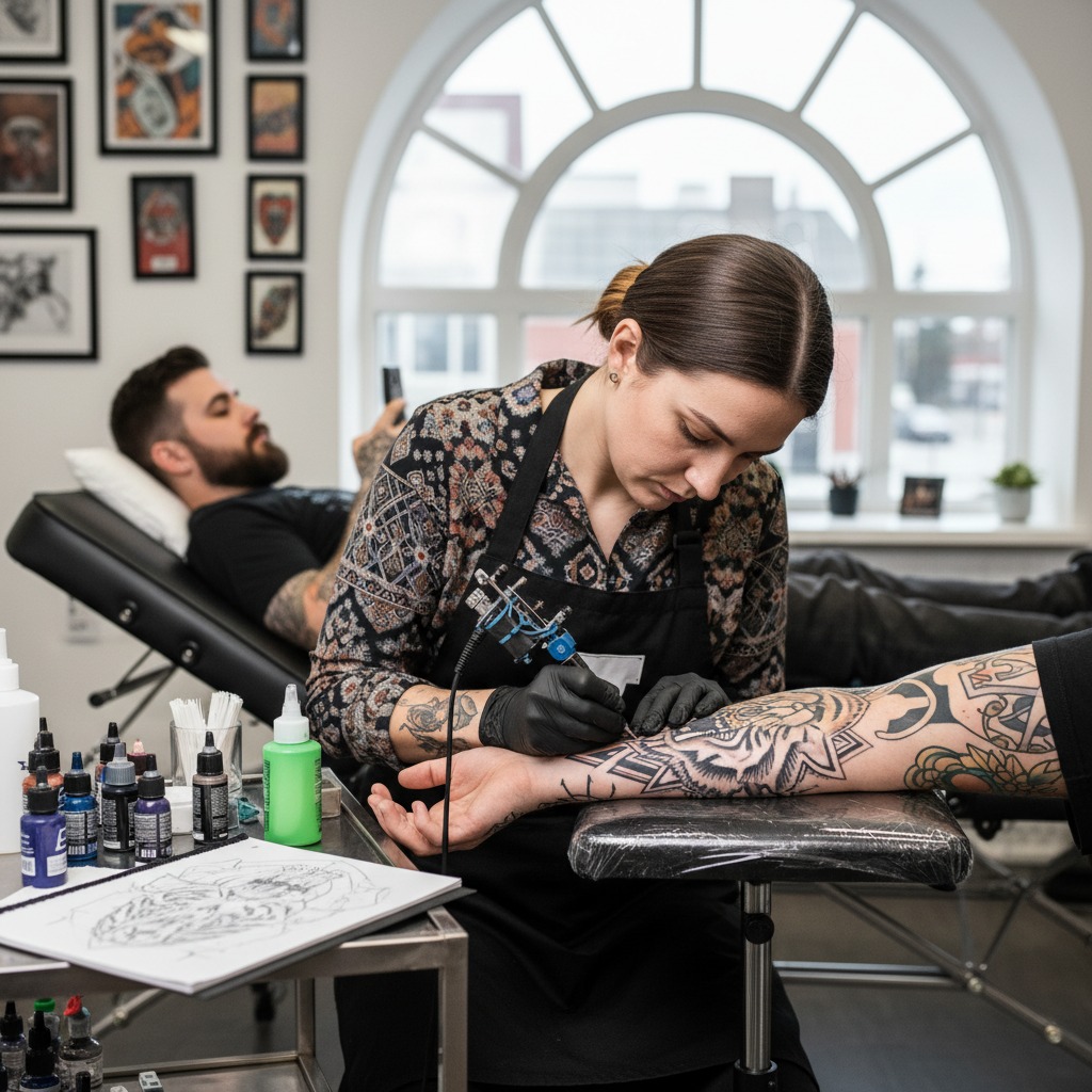 A tattoo artist wearing black gloves focuses on inking a detailed black-and-grey design onto a client's arm in a bright studio.